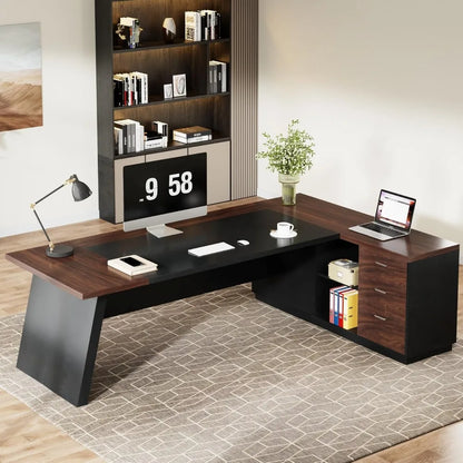 Large L-Shaped Executive Desk with Drawers and Lateral File Cabinet