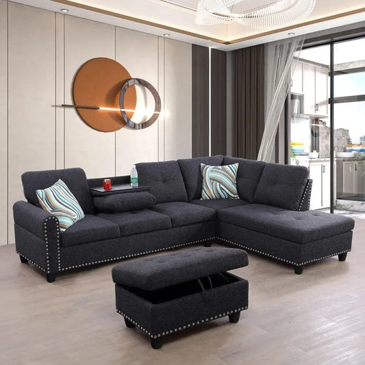 Modern L-Shaped Linen Sofas Sectional Set