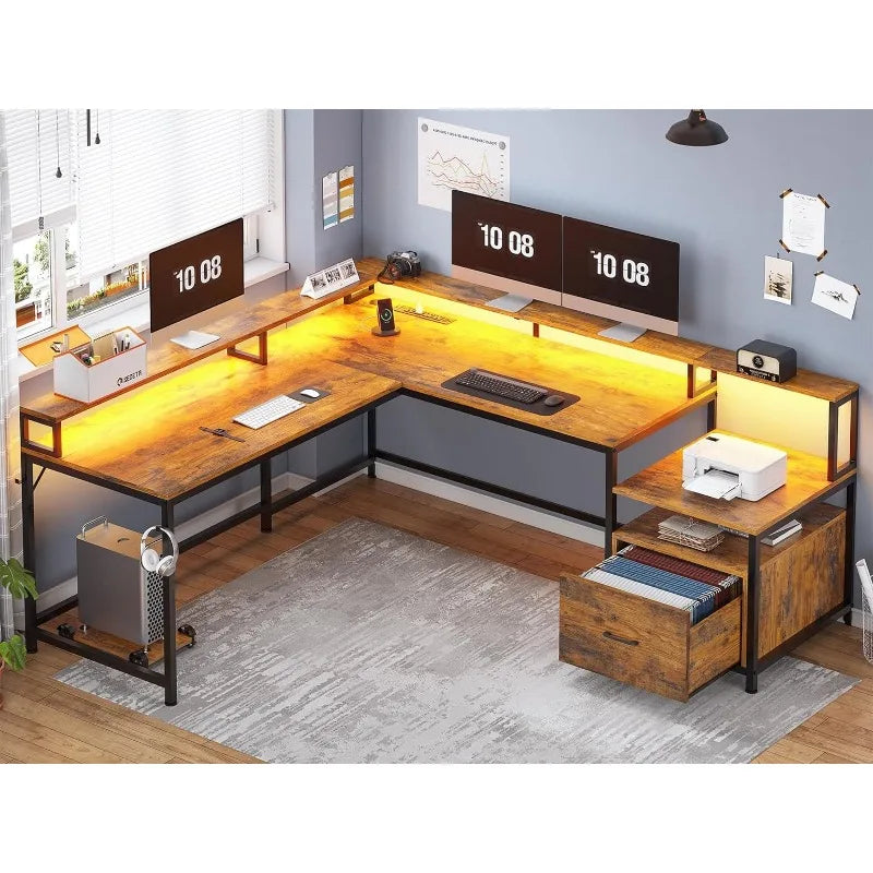 L Shaped Office or Home Desks with File Drawer, Power Outlet and LED Lights