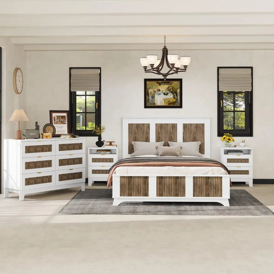 4 Pieces Queen Size Farmhouse Platform Bedroom set with Storage