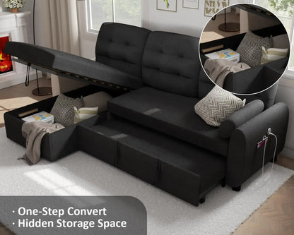 87" Sectional Sofa Sleeper with Reversible Storage Chaise and Side Pockets