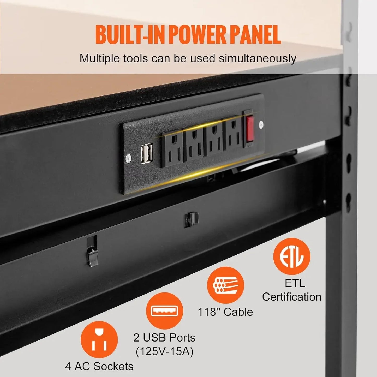 Heavy Duty Steel Work Bench with Weight Capacity of 220 pounds and 0.47" bench top thickness for Garage