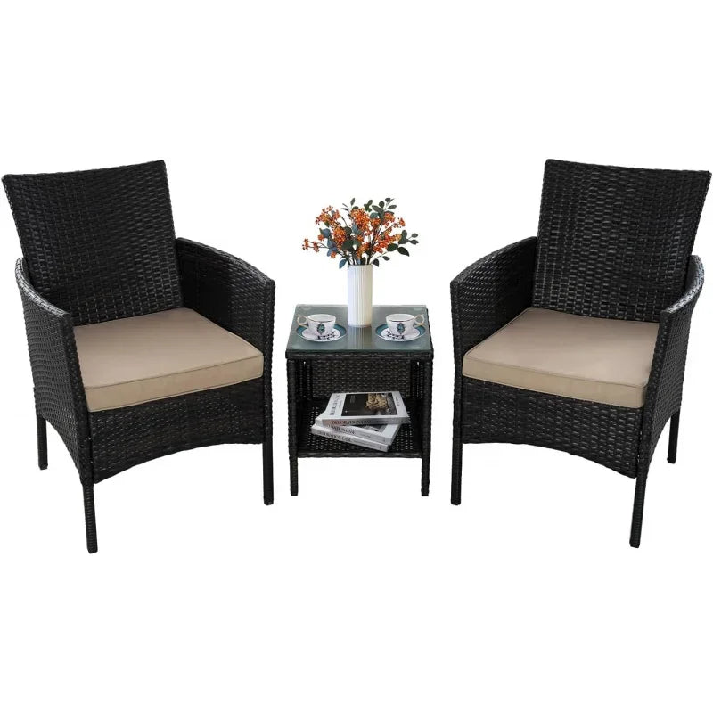 Rattan Wicker 3-Piece Furniture Chair and Table Set