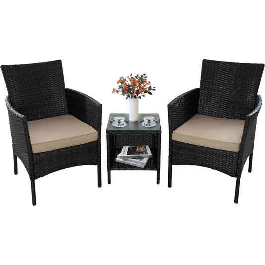 Rattan Wicker 3-Piece Furniture Chair and Table Set