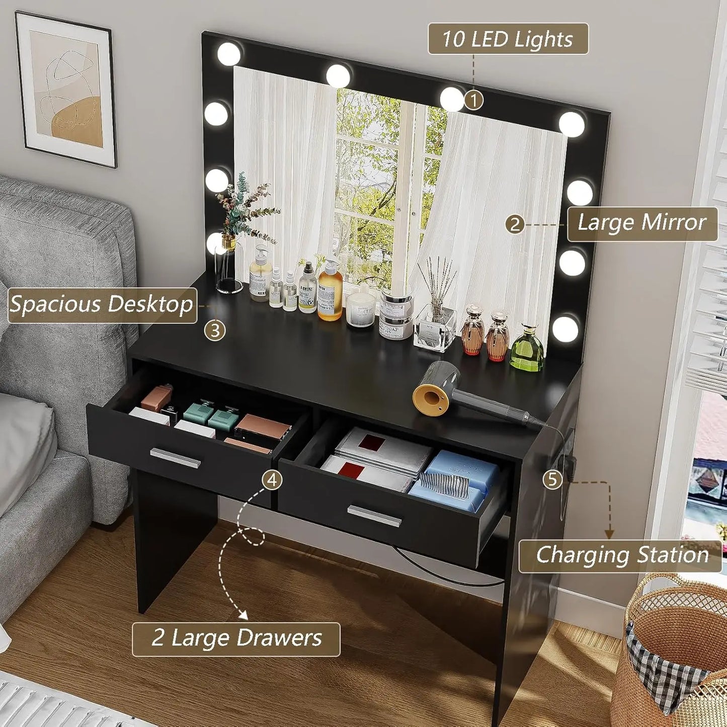 Black Makeup Vanity with Large Lighted Mirror