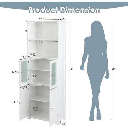 Tall Freestanding Floor Bathroom Storage Cabinet w/2 Glass Doors & 2 Open Shelves