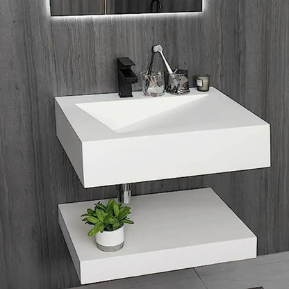 Modern Stone Resin Wall-Mount Rectangular Bathroom Sink and Floating Shelf