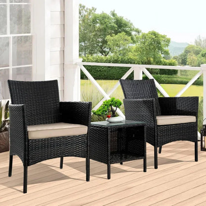 Rattan Wicker 3-Piece Furniture Chair and Table Set