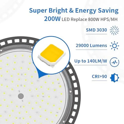 200W UFO LED 29000LM, Waterproof 6ft Cable lIndustrial Warehouse Shop Lighting