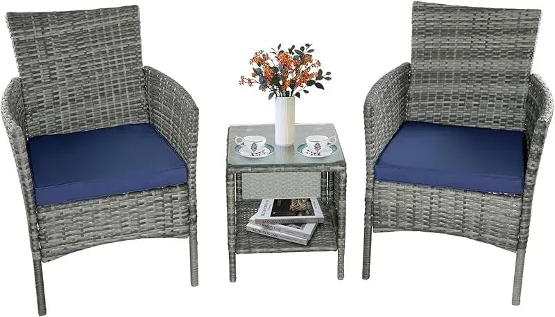 Rattan Wicker 3-Piece Furniture Chair and Table Set