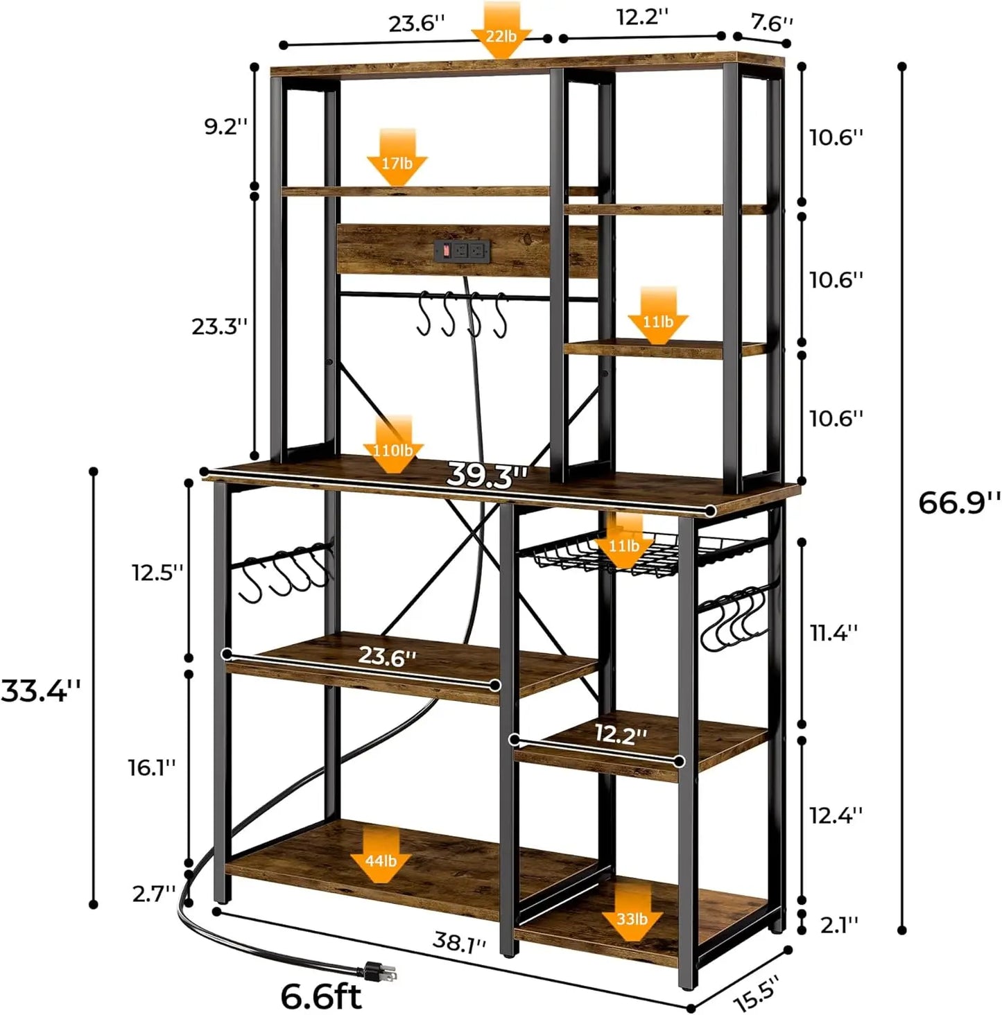 6-Tier Microwave Stand & Coffee Bar with Power Outlets and  12 S-Shaped Hooks.