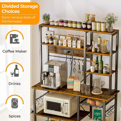 6-Tier Microwave Stand & Coffee Bar with Power Outlets and  12 S-Shaped Hooks.