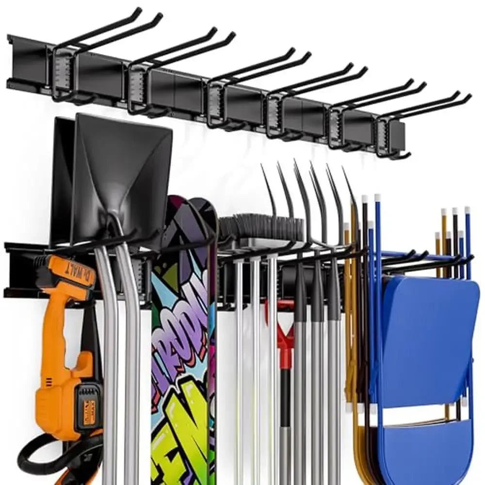 Heavy Duty Wall Mount  48 Inch Garage Tool Organizer with 3 Rails  and 6 Long Hooks.