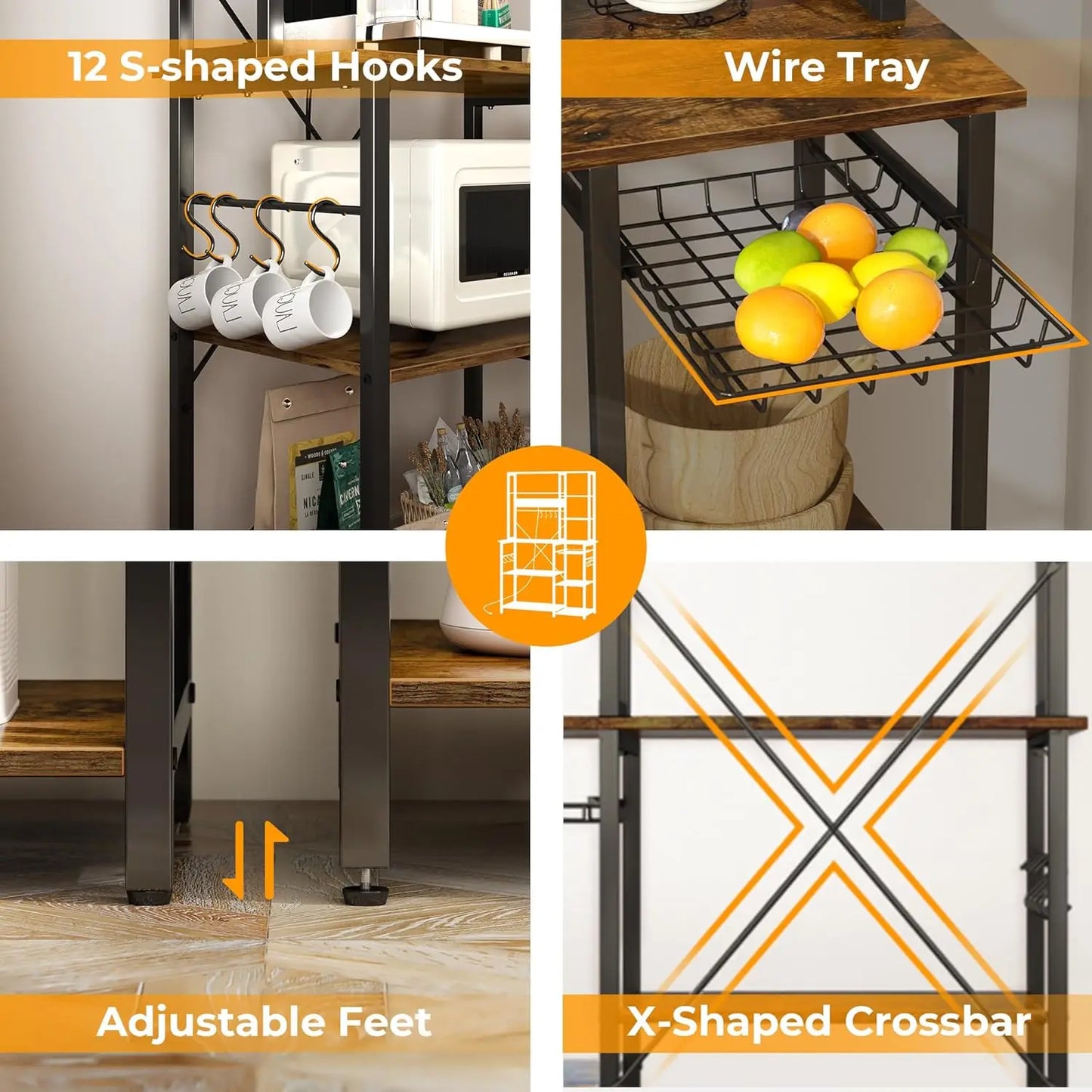 6-Tier Microwave Stand & Coffee Bar with Power Outlets and  12 S-Shaped Hooks.