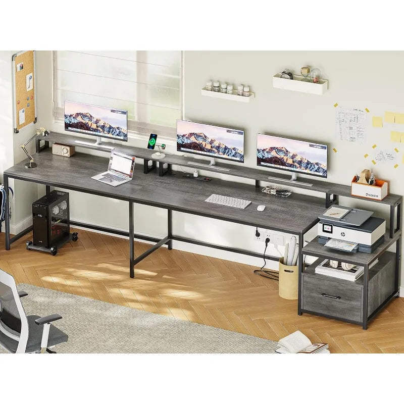 L Shaped Office or Home Desks with File Drawer, Power Outlet and LED Lights