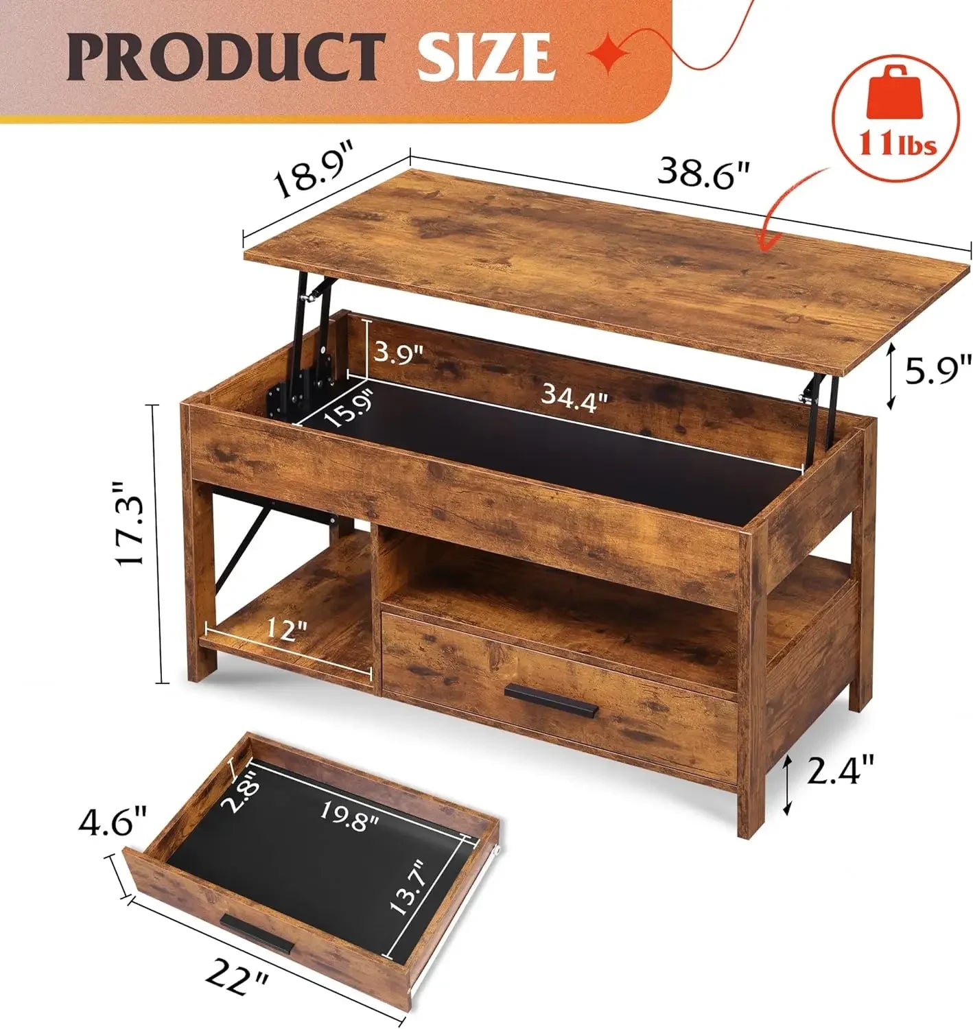 39" Lift Top Coffee Table with Hidden Compartment and Storage Drawers