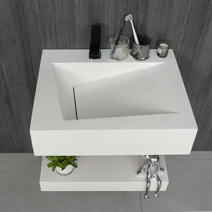 Modern Stone Resin Wall-Mount Rectangular Bathroom Sink and Floating Shelf