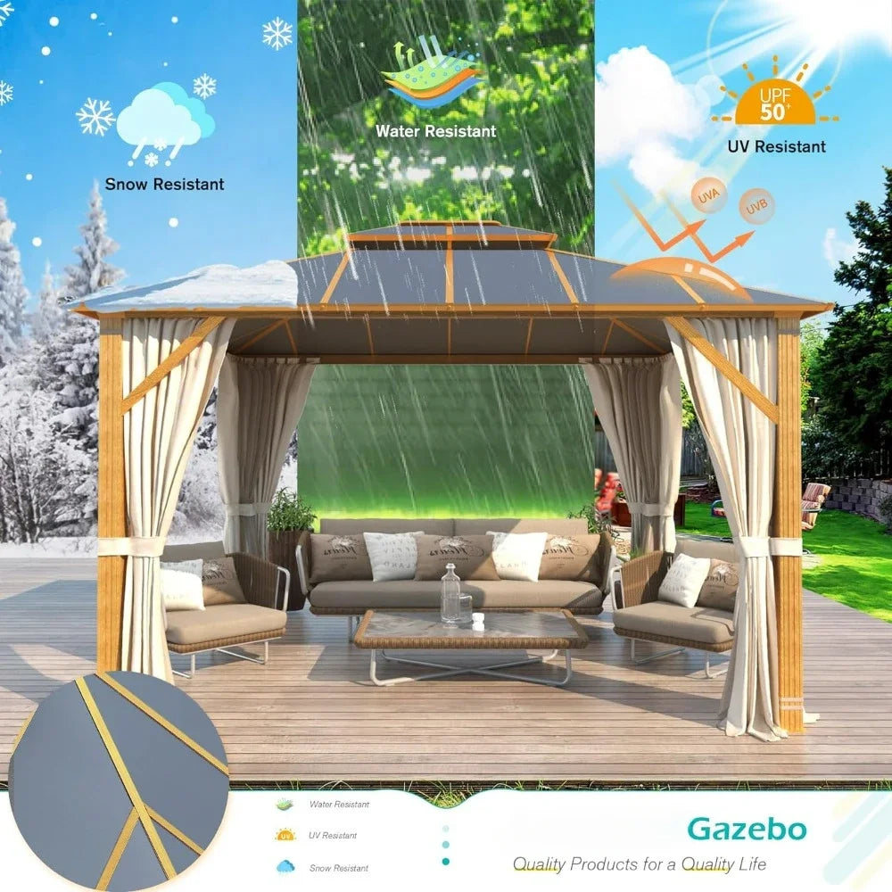 Hardtop Wooden Finish Coated Aluminum 10x12FT Patio Gazebo Includes Curtains