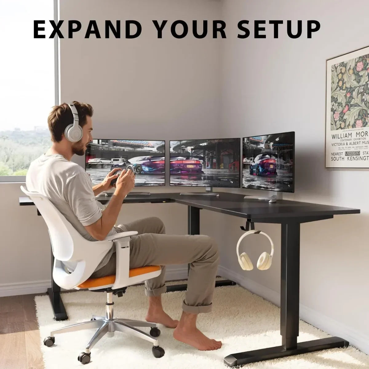 L-Shaped Adjustable Electric Standing Computer Workstation, 63 x 55 Inches Height