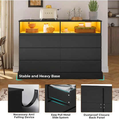 Black 51.2" Long Dresser with LED Lights and Charging Station