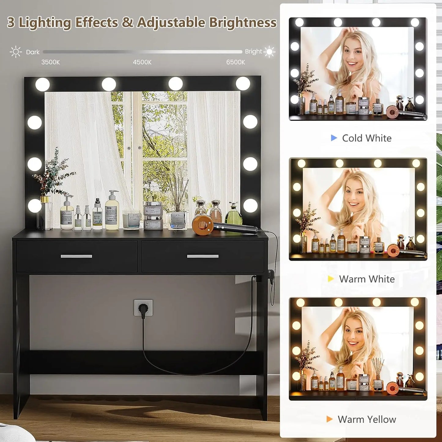 Black Makeup Vanity with Large Lighted Mirror