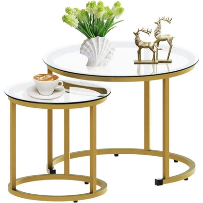 Set of 2 Side Set Golden Frame Circular and Marble Pattern Wooden Tables