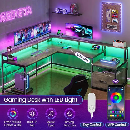 L Shaped Office or Home Desks with File Drawer, Power Outlet and LED Lights