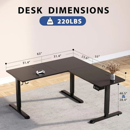 L-Shaped Adjustable Electric Standing Computer Workstation, 63 x 55 Inches Height