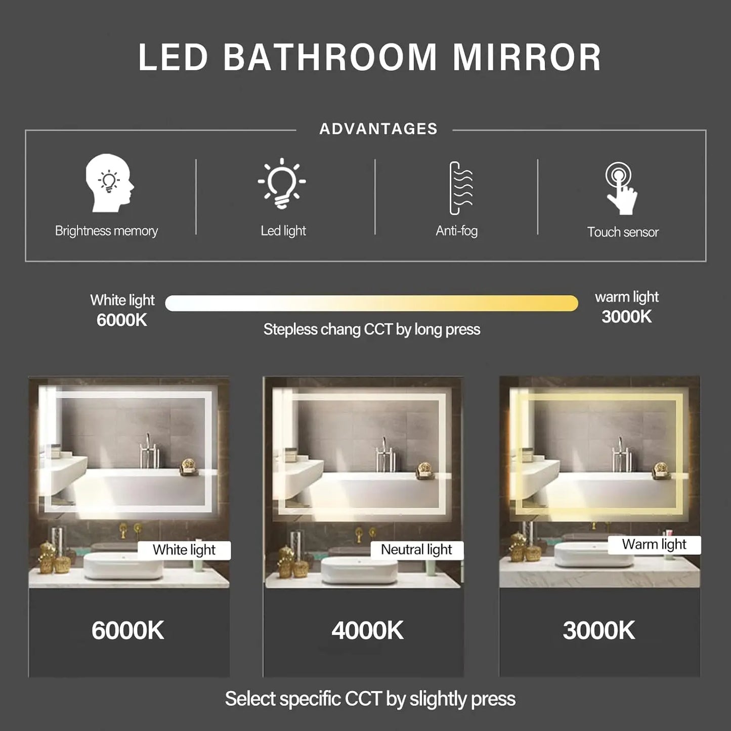 Smart Touch Wall Mounted LED Bathroom Mirror with 3000K-6000K Dimmable