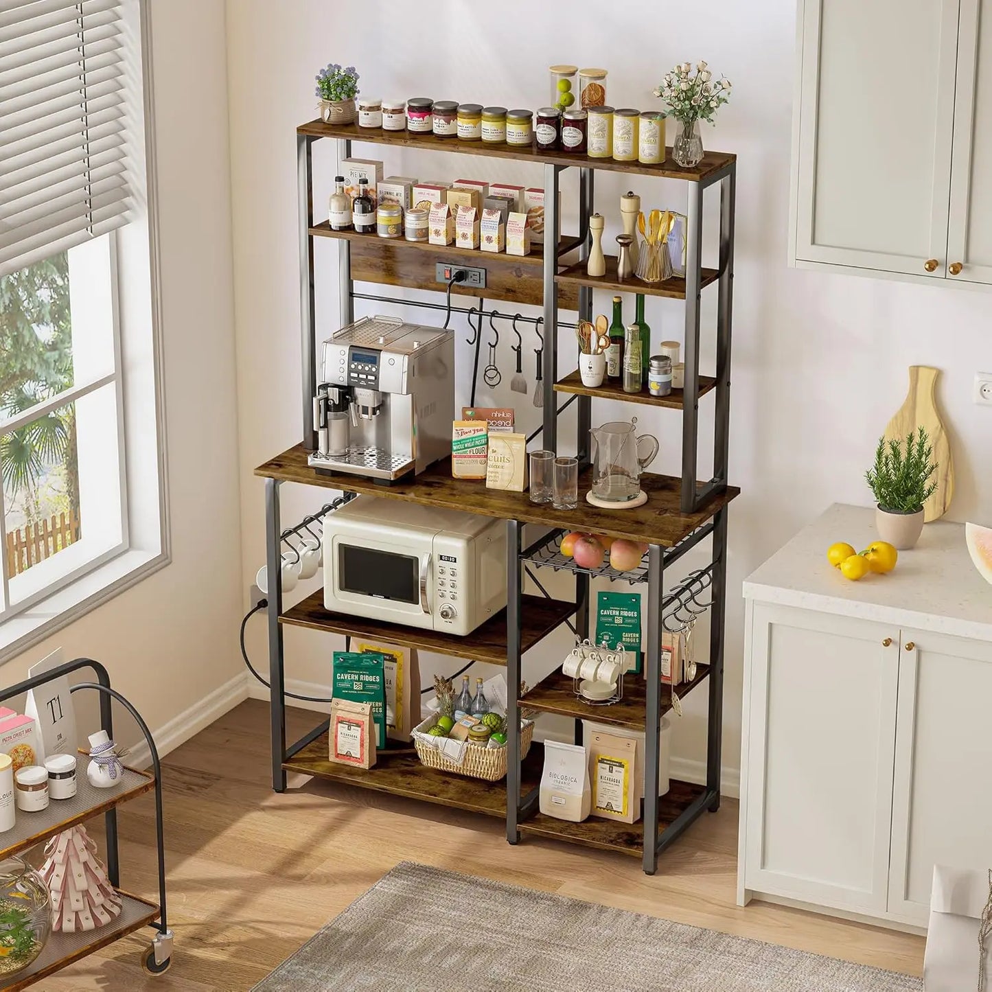 6-Tier Microwave Stand & Coffee Bar with Power Outlets and  12 S-Shaped Hooks.